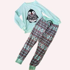 SLEEP & CO Plush Blue-Green Penguin Fleece Pajamas Ladies M Size 8-10